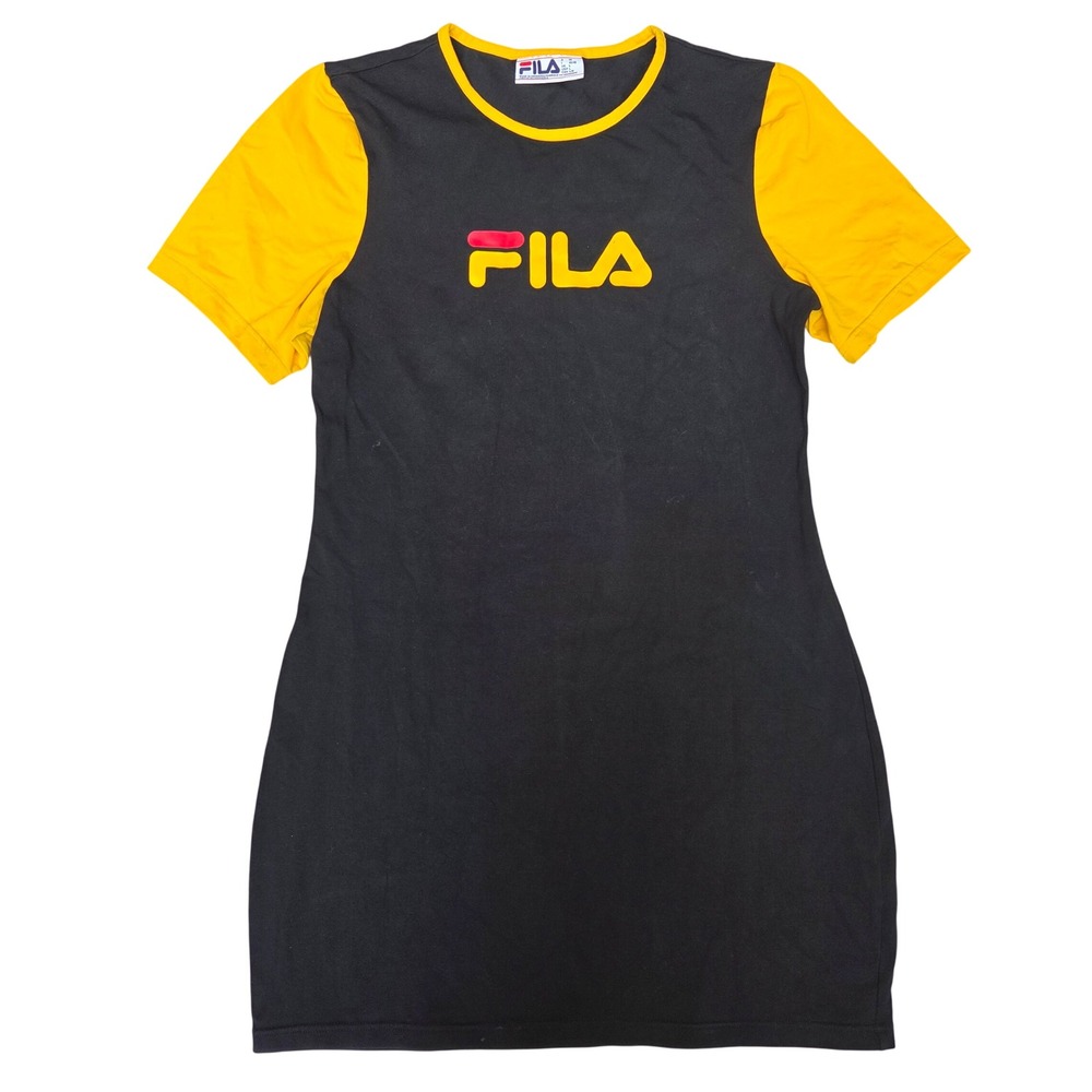Fila Womens Heritage Colorblock Logo Bodycon Mini T-Shirt Dress Black Yellow L